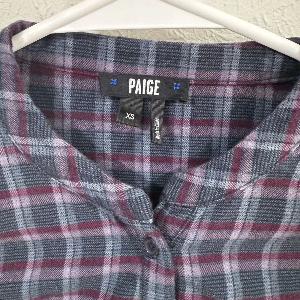 Paige Ruffle Blue Purple Plaid Button Down Flannel Shirt XS - Picture 4 of 7